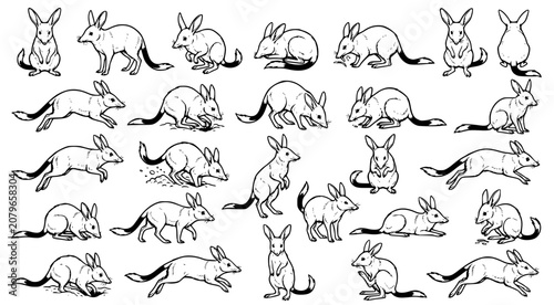 Fotografie Bilby line art collection featuring the endangered marsupial in various poses fo