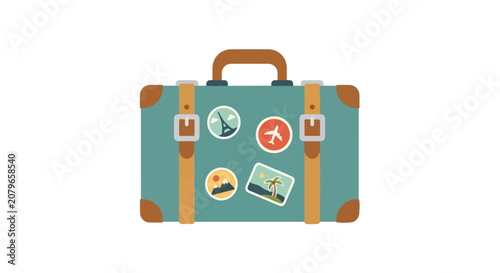 Vintage travel suitcase with travel stickers and luggage tags