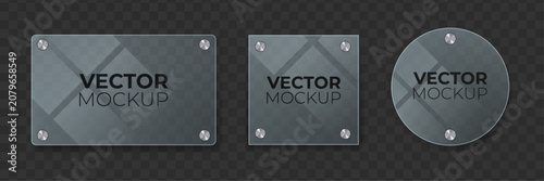 plates set with metal rivets. Vector mockup of glossy acrylic plastic banners, clear plexiglass signs or frames isolated on transparent background