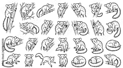 Canvastavla Collection of hand drawn galago or bush baby illustrations in various active and