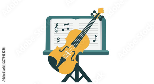 Music education concept with electric guitar and sheet music on stand