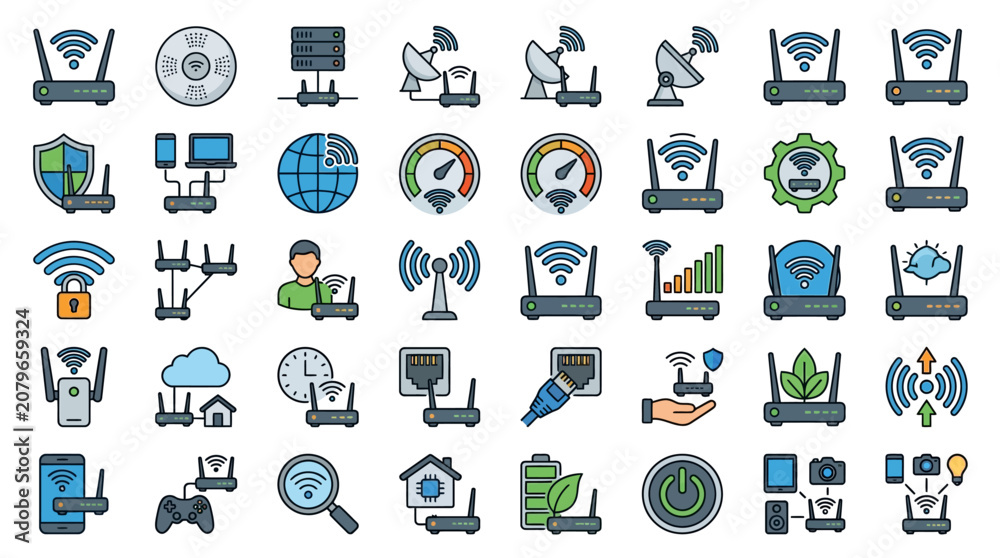 Naklejka premium Wi-Fi Router and Network Connectivity Icon Set