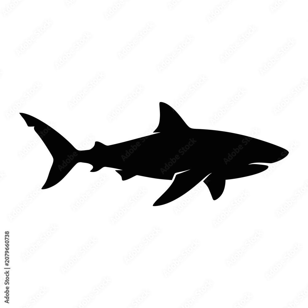 Obraz premium Black shark silhouette, ocean predator icon, marine life symbol, vector graphic isolated on White Background