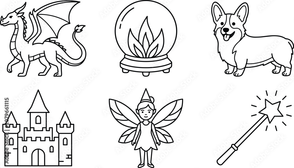 Fototapeta premium Fantasy Tale Vector Outline Icon Set Featuring Dragon Castle Fairy And Magic Elements For Kids