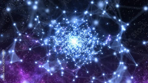 Abstract digital neural network background, with glowing blue, particles and cosmic, nebula connections for, technology and science presentations