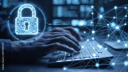 Cybersecurity typing on keyboard with digital data protection lock and network connection interface for online privacy