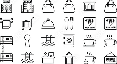 Εκτύπωση καμβά Hotel Services And Hospitality Amenities Vector Outline Icon Set Featuring Touri