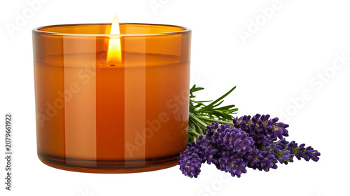 Schilderij op canvas Burning amber glass candle with lit wick and fresh lavender sprigs, isolated on