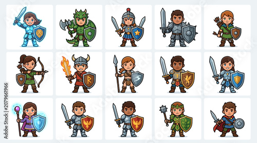 Foto Cute Cartoon Fantasy Warriors: Knight, Archer, Dragon, Mage, Viking, Soldier - V