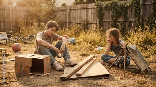 Two children building a cardboard fort in a backyard