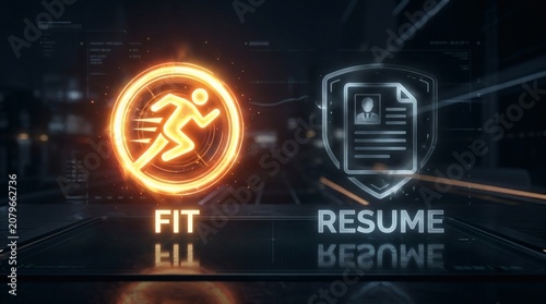 Digital interface displaying fit and resume icons as concepts of career growth and personal development in a sleek futuristic dark background environment