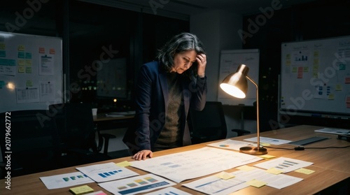 Stressed mature professional businesswoman analyzing complex financial charts and business strategy documents late at night in a dark modern office space