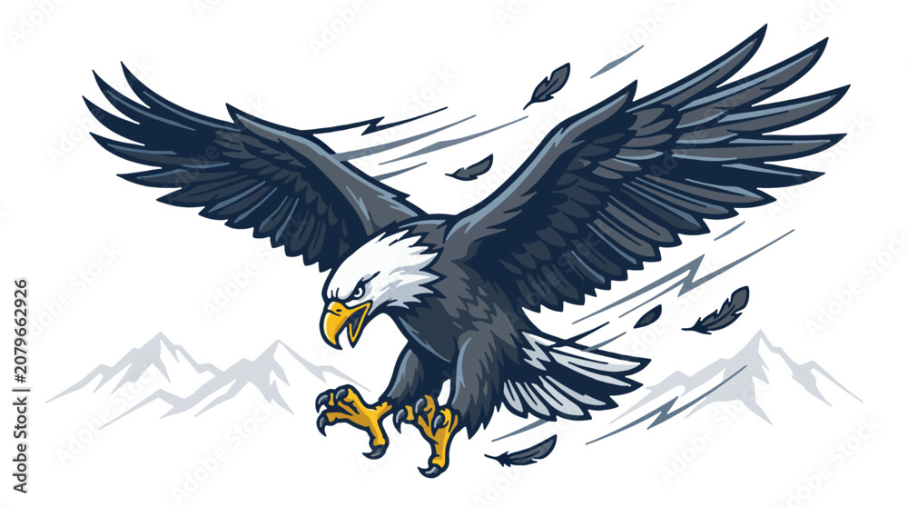 Fototapeta premium Majestic eagle diving with wings fully spread, sharp talons extended, wind streaks, flying feathers and subtle mountain silhouettes, bold streetwear vector illustration, graffiti-inspired graphic, mas