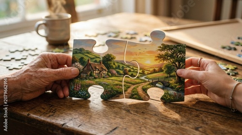 Generations connecting through jigsaw puzzle activity on a wooden table at home