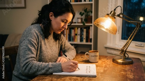 Focused woman writing in a notebook at a rustic wooden desk with a warm lamp in a cozy home office setting during the evening for personal development