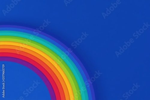 Vibrant Abstract Sports Digital Art with Rainbow Arcs on Deep Blue Background, Colorful Gradient Spectrum Purple Green Light Blue Yellow Orange Red, Modern Minimalist Geometric Illustration