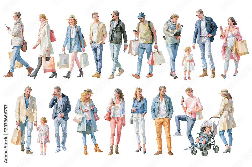Obraz premium Group of fashion models walking with shopping bags on white background