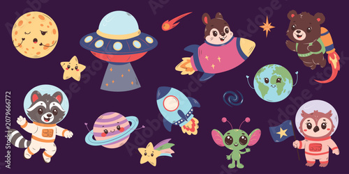 Εκτύπωση καμβά Space Animal Astronaut Characters, Kawaii Planet Rocket UFO Moon Star Clipart Se