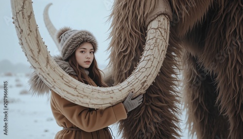 Woman with Mammoth Tusk in Winter Landscape