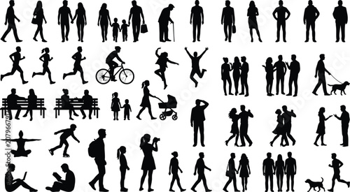 Konstfotografi Large set of people silhouettes in various lifestyle activities featuring walking running cycling dancing sitting and talking vector illustration representing community concept