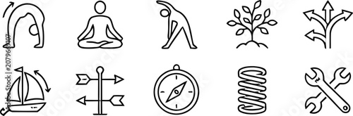 Φωτογραφία Black line icons set of 10, yoga, compass, tools and nature