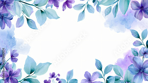Watercolor purple clematis flowers with green leaves elegant botanical art design pattern