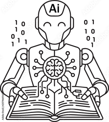 Deep learning Artificial Intelligence concept icon with a robot reading a book icon for free