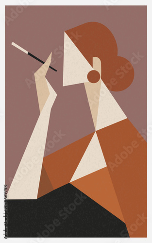 Abstract poster with smoking woman. Geometric vector illustration