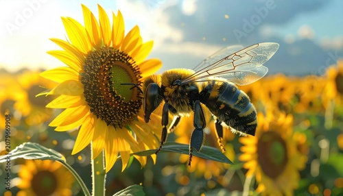 Bee pollinating a bright sunflower in a sunny field.