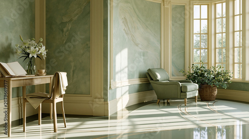 Elegant green reading room with sunlit windows, armchair, flowers, and writing desk