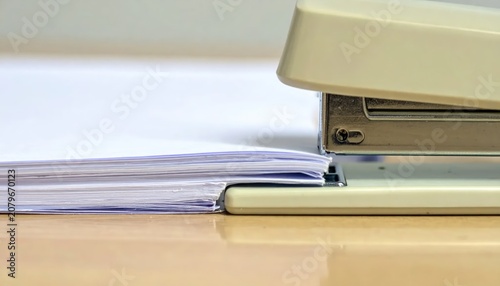 Beige office stapler on white stack of paper.