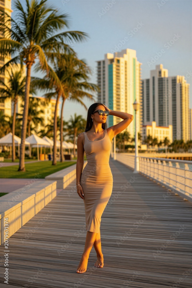 Fototapeta premium Woman walks barefoot on wooden pier near palm trees and buildings. Sunny day, golden hour light, ocean background. She wears a dress and sunglasses, posing confidently outdoors.
