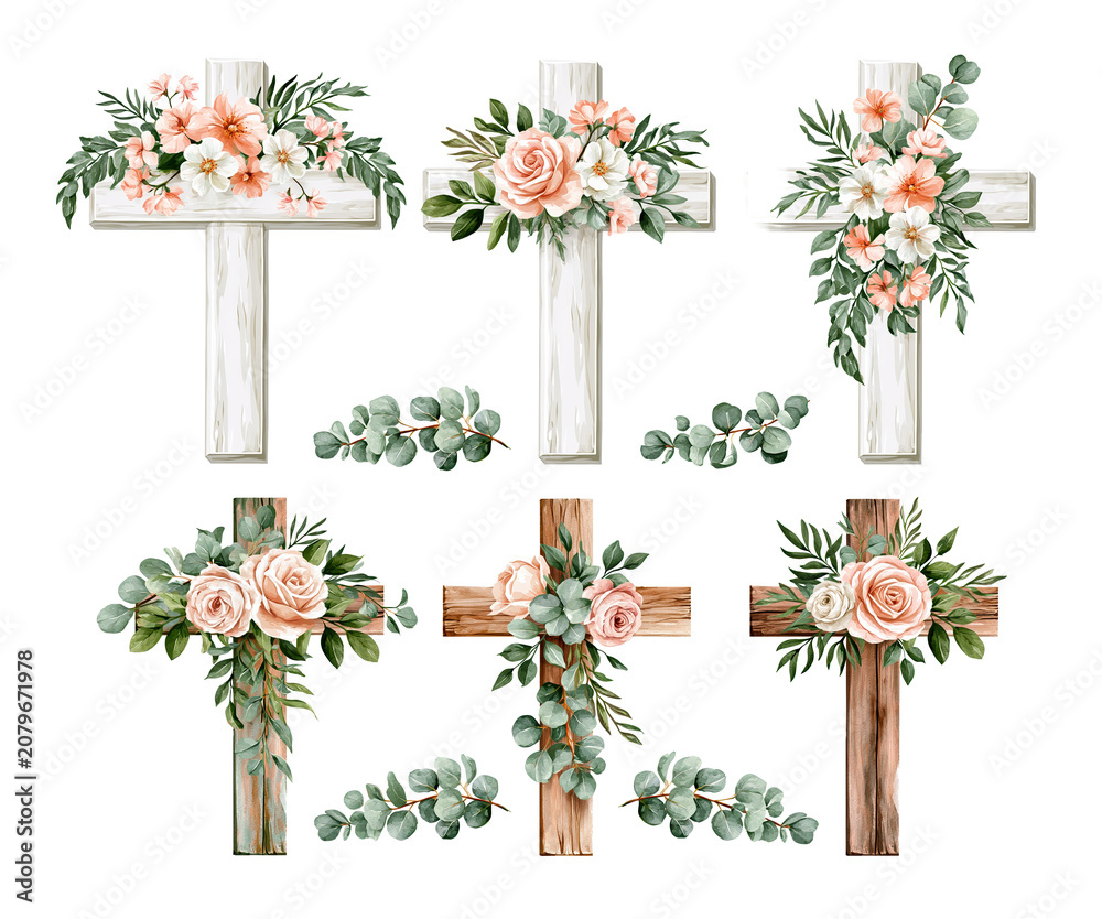 Naklejka premium Set of floral cross decorations with pink roses on transparent