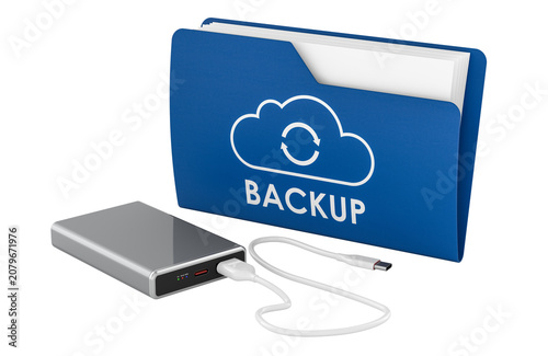 External SSD drive and backup folder with cloud sync icon. 3D rendering