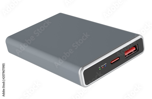 External SSD drive with USB C and USB A ports. 3D rendering