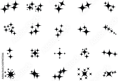 Sparkle star icons set, black twinkling glitter shapes, 20 vector shine and glow elements, decorative magic light bursts for graphic design