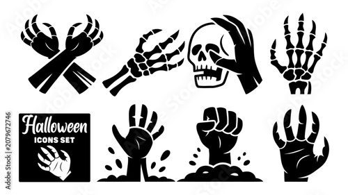 Tableau sur toile Collection of spooky Halloween themed vector icons featuring skeletal hands and