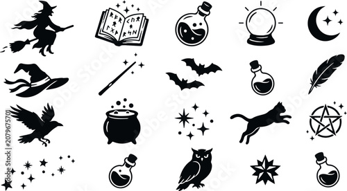 Black and white illustration set of witchcraft and wizardry symbols and objects on white background