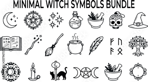 Minimal witch symbols bundle black and white illustrations for magic and occult themes