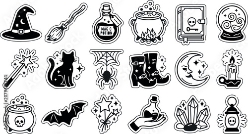 Black and white witchcraft icon set mystical elements for halloween occult designs and spiritual practices