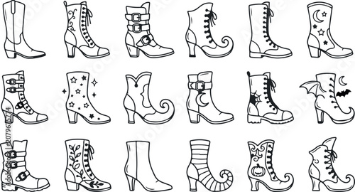 Collection of 15 unique black line art boot designs with various styles and decorations