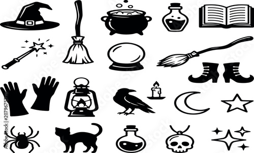 Black and white silhouette illustrations of witchcraft and halloween themed icons