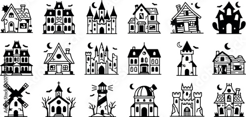 Halloween themed black and white clip art set of spooky houses castles and buildings