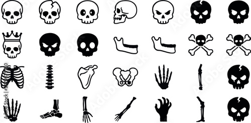 Collection of black and white skeleton and skull icons for halloween or medical use
