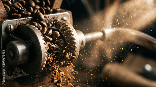 Close-up of an old manual coffee grinder grinding beans, coffee dust flying