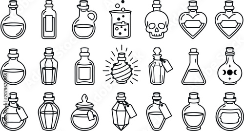 Black line art illustrations of 20 various potion bottles and flasks for magic witchcraft and fantasy designs