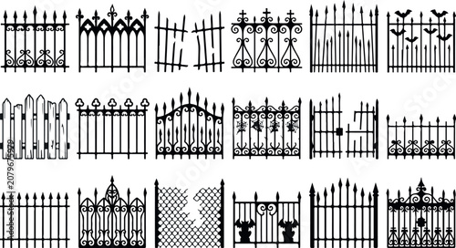 Collection of ornate wrought iron gate silhouettes ideal for architectural design security features or halloween themed graphics