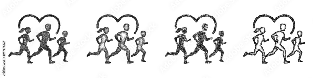 Fototapeta premium Black and white sketch charity run icon design set
