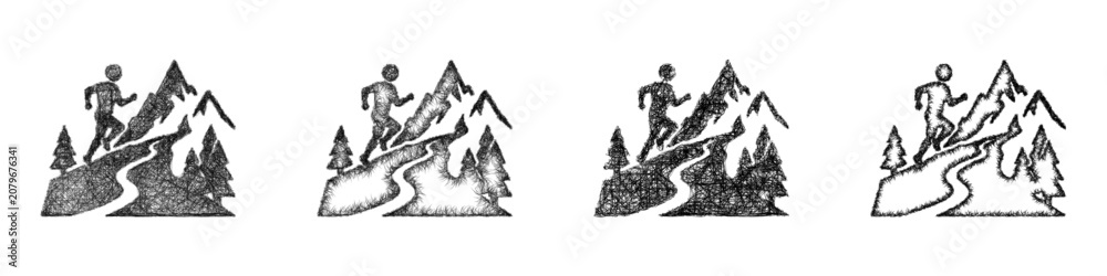 Fototapeta premium Monochrome sketch mountain marathon icon design set
