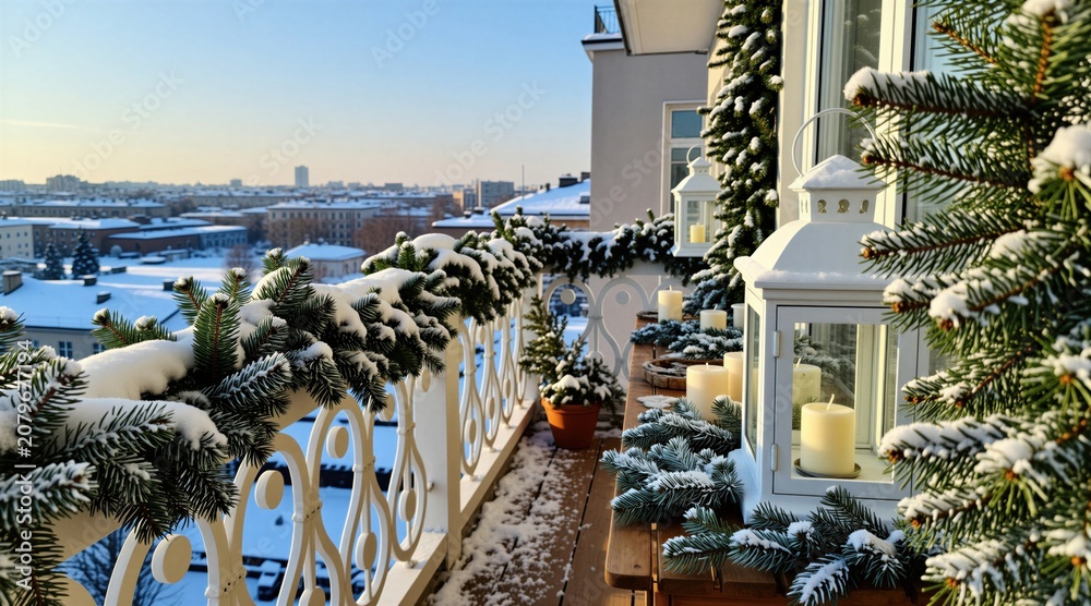 Fototapeta premium Snowy balcony decorated with pine branches and white lanterns, candles lit. Winter cityscape view from apartment terrace. Cozy Christmas atmosphere outdoors.